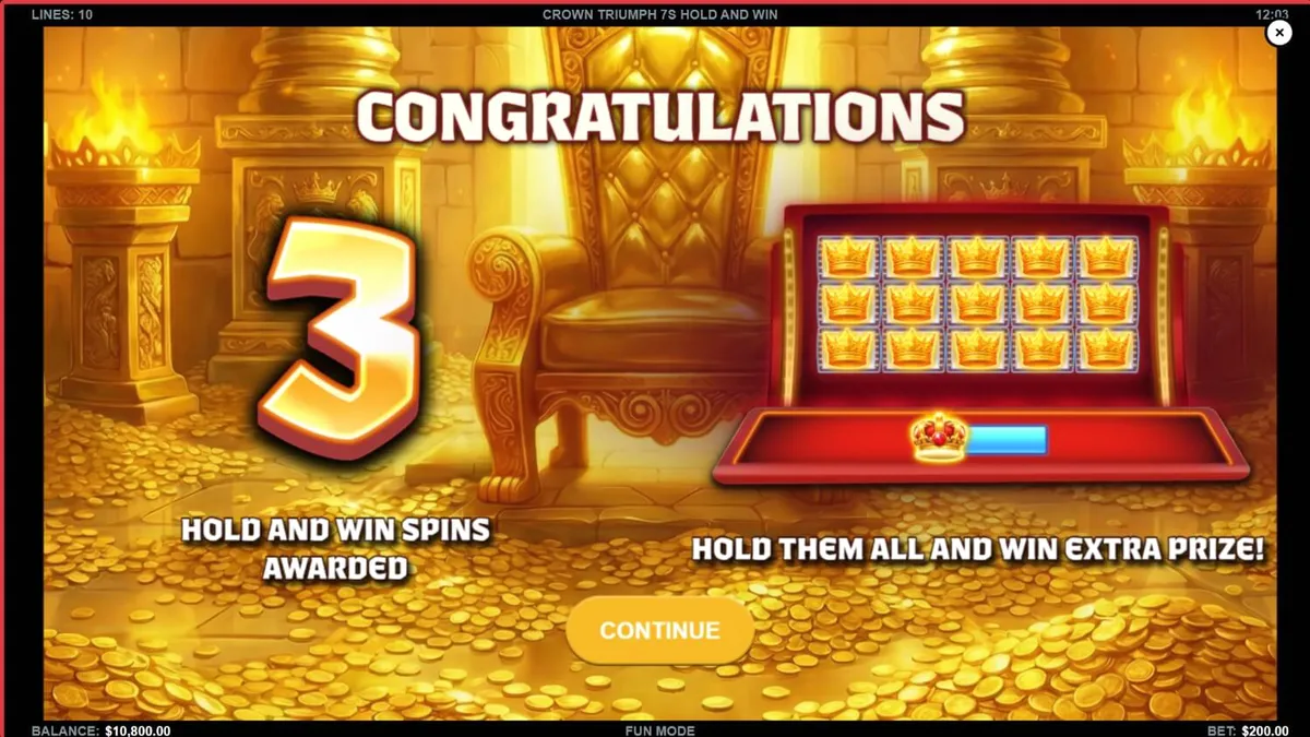 Interface luxuosa do slot Crown Triumph 7s Hold and Win com símbolos clássicos e elementos dourados